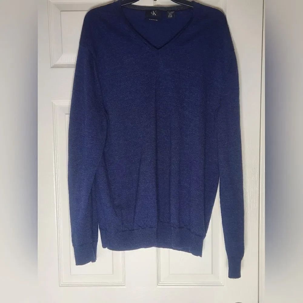 Calvin Klein XXL Navy Blue Lngslvs Knit V-neck 100% MERINO WOOL Men's Sweater